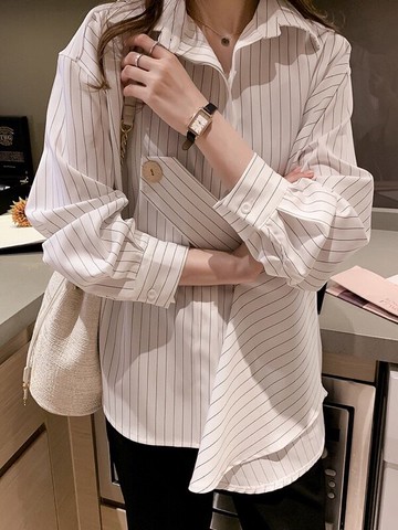 條紋襯衫女新款復古港味設計感小眾襯衣寬松顯瘦長袖打底上衣1入