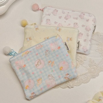原創設計淺色粉色絨面貓咪圖案毛球拉鏈包卡片包便攜可愛零錢包