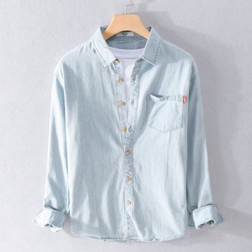男裝休閑工裝純棉牛仔長袖襯衫男方領襯衣寬松潮流韓版休閑上衣服