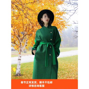 高端雙面羊絨大衣女中長款秋冬千鳥格羊毛雙面呢商場正品斷碼特價