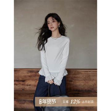 夕蒙2026新款春秋白色內搭打底衫時尚小眾小個子別致蕾絲花邊t恤