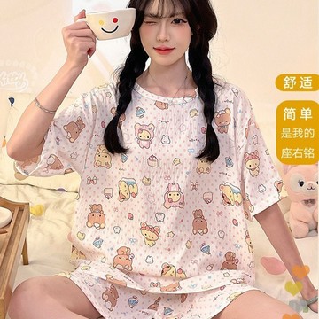 睡衣 帶胸墊 圓領雲朵棉睡衣 短袖短褲 兩件套 甜美可愛 家居服 可外穿  休閒 少女 甜美性感 睡衣套裝