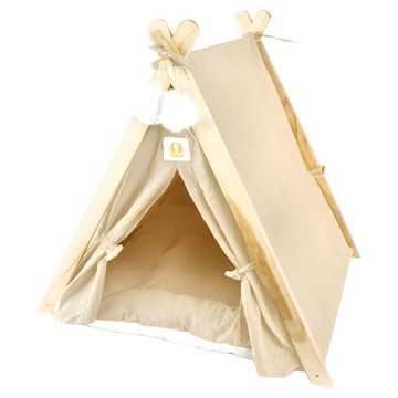 哈囉毛孩 可拆洗四季通用實木三角寵物帳篷  全齡貓/小型犬適用  寬敞大空間  米白  1個