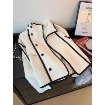 時尚氣質減齡設計感撞色百搭立領毛呢外套男女春秋季小眾開衫上衣