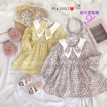 🌈BABY💗清新小花園附髮箍短洋裝✨兒童印花短洋裝