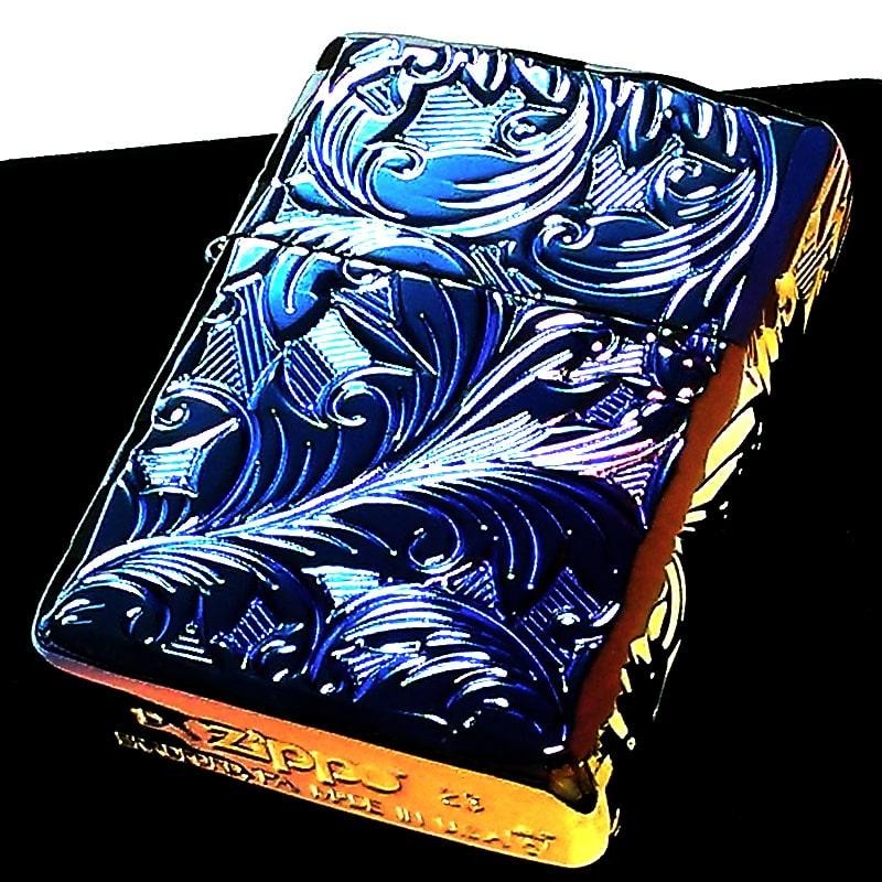 ZIPPO アーマー ジッポ ライター ５面立体彫刻 唐草 リーフ レインボー ブルーベース チタン加工 金タンク 深彫り 虹色 かっこいい 重厚  高級 メンズ | LINEブランドカタログ