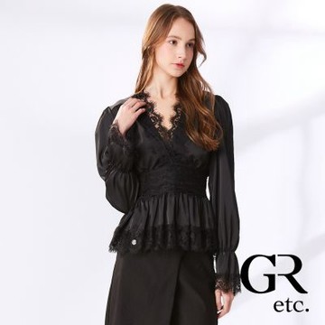 【GLORY21】網路獨賣款-etc.法式蕾絲拼接V領高腰造型上衣-黑色