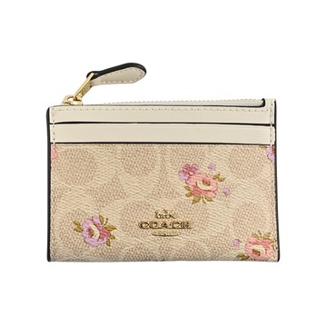 COACH雙色玫瑰印花C LOGO PVC拼接素面皮革前卡夾鑰匙零錢包