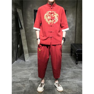 夏款新款中國風龍鳳刺繡短袖T恤七分褲套裝復古盤扣漢服兩件套