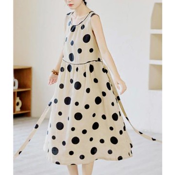 預購  【ACheter】圓領背心連身裙無袖波點長版亞麻感背心洋裝#116562(花紋)