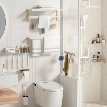 ??快速出貨 可開發票 原木風浴巾架浴室置物架套裝奶油風衛生間洗手間白色毛巾架免打孔