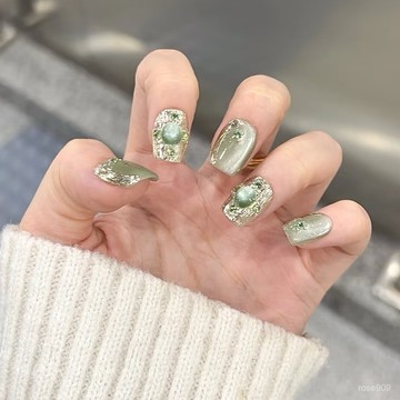 ✨Hannah✨布契拉提玉石綠純手工氣質富貴中式風貓眼顯白新款穿戴甲手工穿戴甲 4LY8