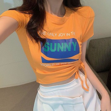 免運 短版上衣 顯瘦上衣 女上衣 短袖t恤 短T 短袖T恤女裝新款短款露肚臍辣妹上衣修身顯瘦小衆別緻抽繩打底衫