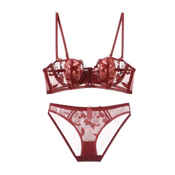 紅色性感內衣女聚攏小胸法式薄款蕾絲火辣鏤空半球純欲文胸罩套裝