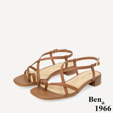 Ben&1966高級頭層羊皮流行交叉綁帶平底涼鞋-太妃糖棕(256401)