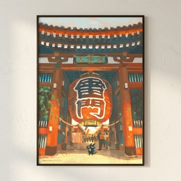Nuomi 諾米 |貓老闆來淺草寺-日本街景插畫 - 黑色鋁框-中尺寸：50 x 70 cm