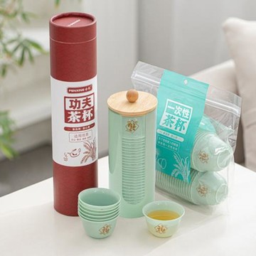 一次性翡翠綠茶杯印字logo防燙翡翠綠品茗杯收納杯架整套一件代發
