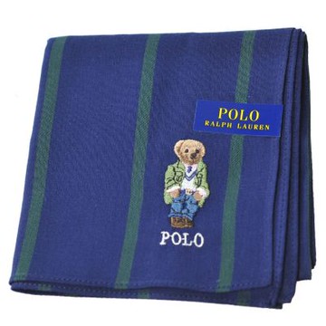 RALPH LAUREN POLO 經典直紋牛仔褲小熊刺繡LOGO圖騰帕領巾(深藍系/48CM)