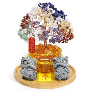 【吉祥開運坊】元寶水晶樹【琉璃元寶招財樹+醒獅(招財進寶)組合元寶發財樹大型】 開光 擇日