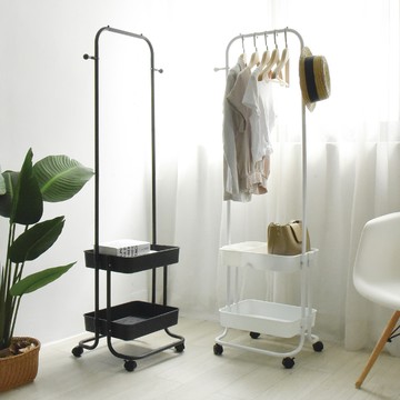 éclat 日式簡約 多功能移動式雙層落地衣帽架/掛衣架/置物架 - 鋼琴白