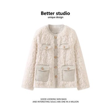 小香風羊羔毛外套女冬季高級感毛毛絨夾棉上衣名媛氣質羊羔絨棉服