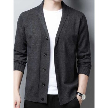 春秋季韓版男士小翻領針織開衫潮流男裝毛衣外套純色加厚線衣外穿