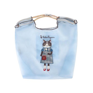 Kusuguru Japan 傘繩購物包 緹花繩手柄刺繡網紗提包 -藍色