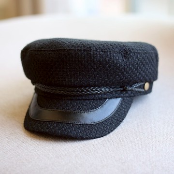 黑色英倫小香海軍帽英倫歐美平頂帽亮絲百搭皮繩軍帽女秋冬百搭潮1入