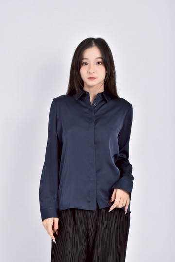 (S) g2000質感緞面長袖藍色襯衫上衣