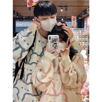 情侶毛衣男女可愛小熊日系軟糯溫柔慵懶風寬松針織衫秋冬外穿上衣