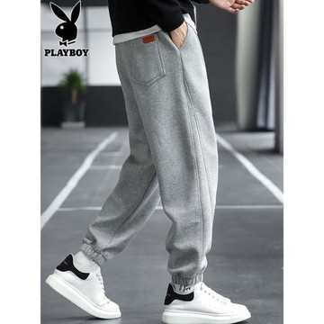 花花公子褲子男士冬季加絨運動休閑長褲潮流大碼寬松束腳衛褲男款