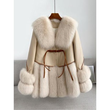 狐貍毛皮草外套女2024新款中國風皮毛一體短款海軍領真皮羽絨皮衣