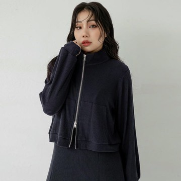 立領雙頭拉鍊坑條短版外套 MUA