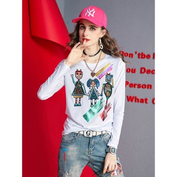 白色圓領長袖t恤女秋季2025新款歐貨時尚貼布刺繡上衣春秋打底衫