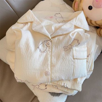 睡衣女春秋季新款韓版卡通可愛小兔自帶胸墊休閑長袖長褲家居服