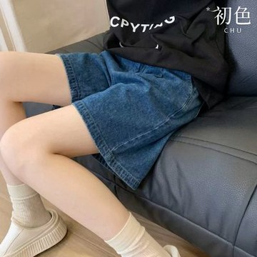 初色 休閒純色鬆緊腰綁帶雙口袋涼感冰絲薄款透氣寬鬆A字牛仔褲休閒褲寬褲短褲-共4色-51128(M-XL可選)