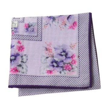 DIOR 迪奧 Christian DIOR 100%棉紫粉花卉拼格圖騰品牌字母LOGO帕領巾(粉紫色系/46CM)
