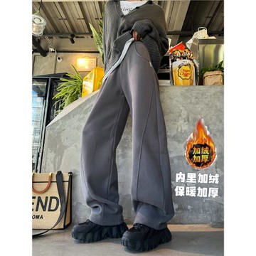 貓貓家加絨加厚加長衛褲女秋冬高個子闊腿寬松哈倫休閑灰色香蕉褲