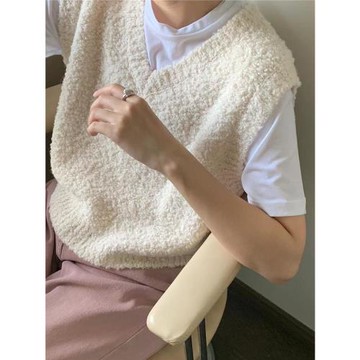 奶呼呼軟糯白色針織馬甲背心春秋疊穿羊駝絨v領毛衣無袖坎肩馬夾