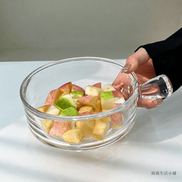 玻璃碗755ml 手柄水果碗 透明條紋沙拉碗 優格碗早餐碗 麥片碗甜點碗 15.5cm大口徑 日系簡約居家餐具 拍照擺盤