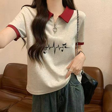 學院風 POLO衫   正肩撞色polo領半拉鍊短袖t恤女裝夏季學院風寬鬆百搭顯瘦上衣ins