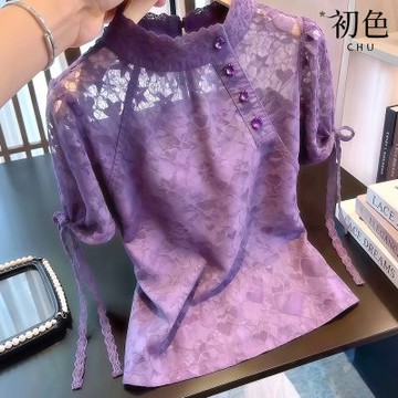 初色 新中式文藝風純色圓領斜襟鏤空蕾絲兩側細帶收腰設計短袖襯衫上衣女上衣-紫色-51756(M-XL可選)