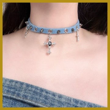 甜酷辣妹十字架項鏈 輕奢配飾做舊牛仔項圈 choker頸鏈 愛心鎖骨鏈女