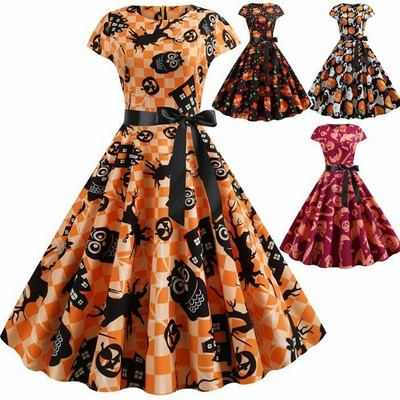 ハロウィンワンピース レディース コスプレ衣装 大きい裾aライン細身ドレス膝丈 半袖ドレス コスチューム 髑髏 カボチャお化け どくろ フクロウ 通販 Lineポイント最大get Lineショッピング