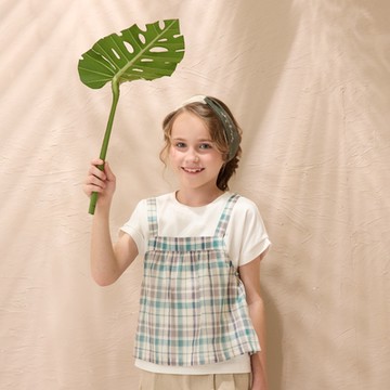 PIPPY典雅格紋配色兩件吊帶式短袖上衣 綠