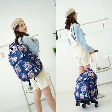 萬向輪拉桿背包旅行袋女防水印花行李袋大容量短途旅行包16寸18寸