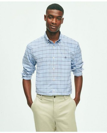 Brooks Brothers Men's Stretch Non-Iron Oxford Polo Button-Down Collar, Gingham Shirt | Blue | Size XS