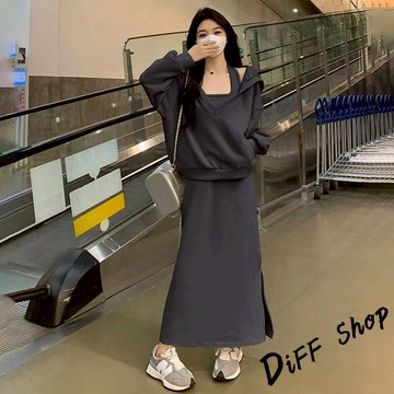 韓版寬鬆連帽上衣+背心長裙 套裝【S347】
