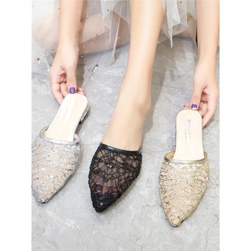 包頭拖鞋女2025夏季韓版時尚外穿平跟尖頭懶人涼拖鞋女蕾絲半拖鞋