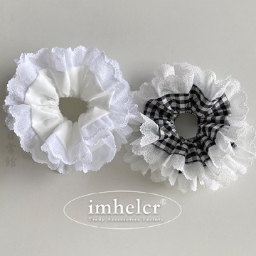 🔥2件9折🍊臺北出貨🍊可開發票日韓氣質布藝黑白格子蕾絲花邊大腸髮圈百搭少女丸子頭扎發繩頭圈